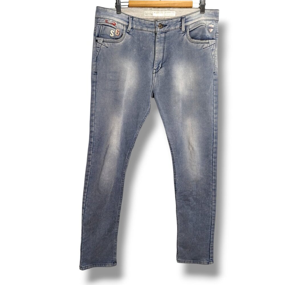 Serene Industrial Mens Light Blue Slim Leg Jeans Embroidered Patch Y2K 37 x 32